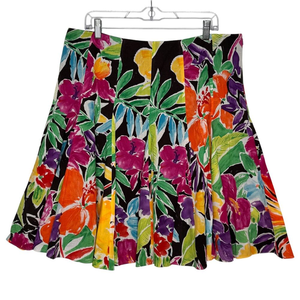 Lauren Ralph Lauren 2000s Floral Cotton Pleated Skirt Black Multicolor Size 14 - Picture 1 of 14